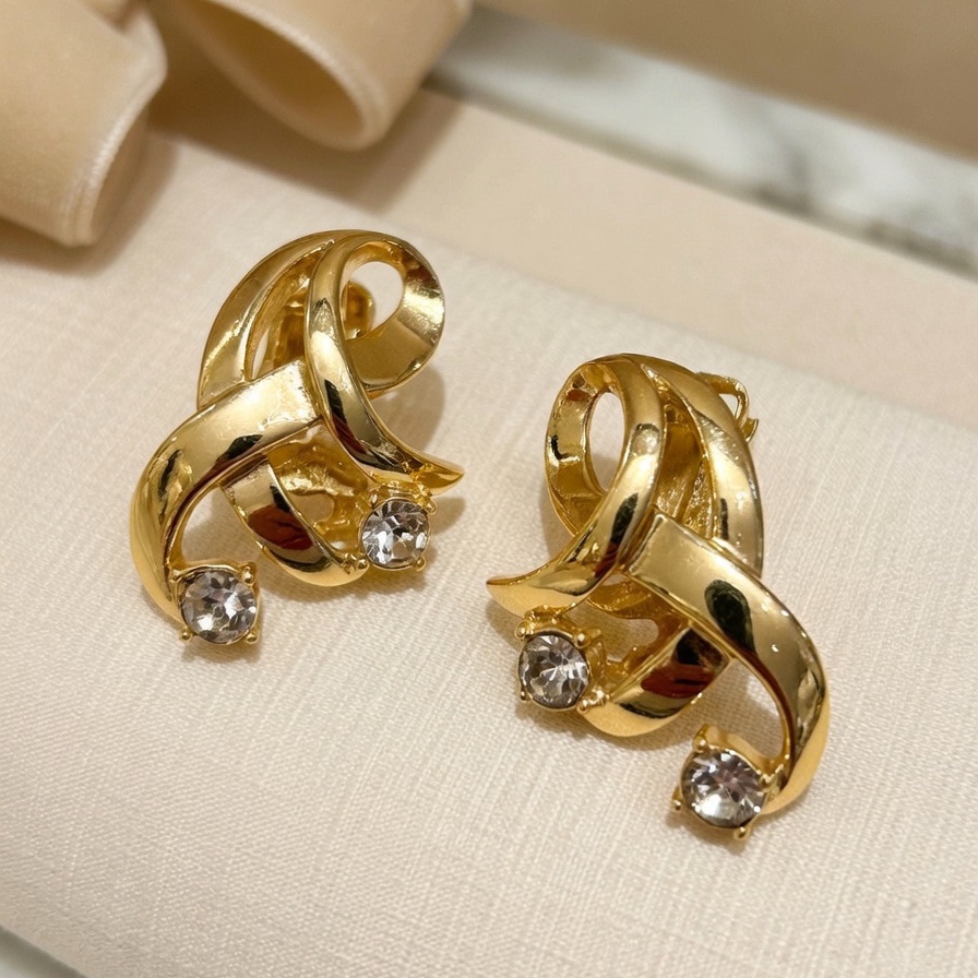 Vintage Stamped Charel Gold Tone Rhinestone Clip On Earrings Cocktail Fashion